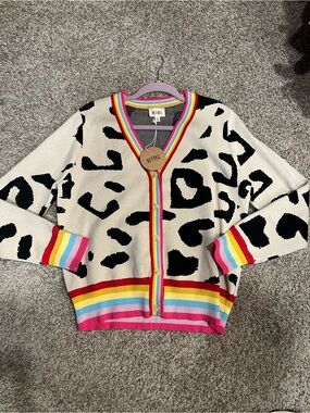 BiBi Cream and Black Leopard Cardigan with Rainbow Trim